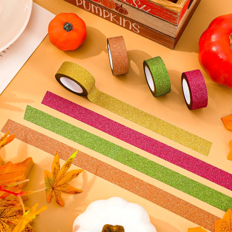 Whaline 4 Rolls Fall Washi Tape Masking Tape Set Metallic Glitter Decorative Wrapping Paper Tapes for Autumn Thanksgiving Scrapbook Journal DIY Art Crafts - Image 4